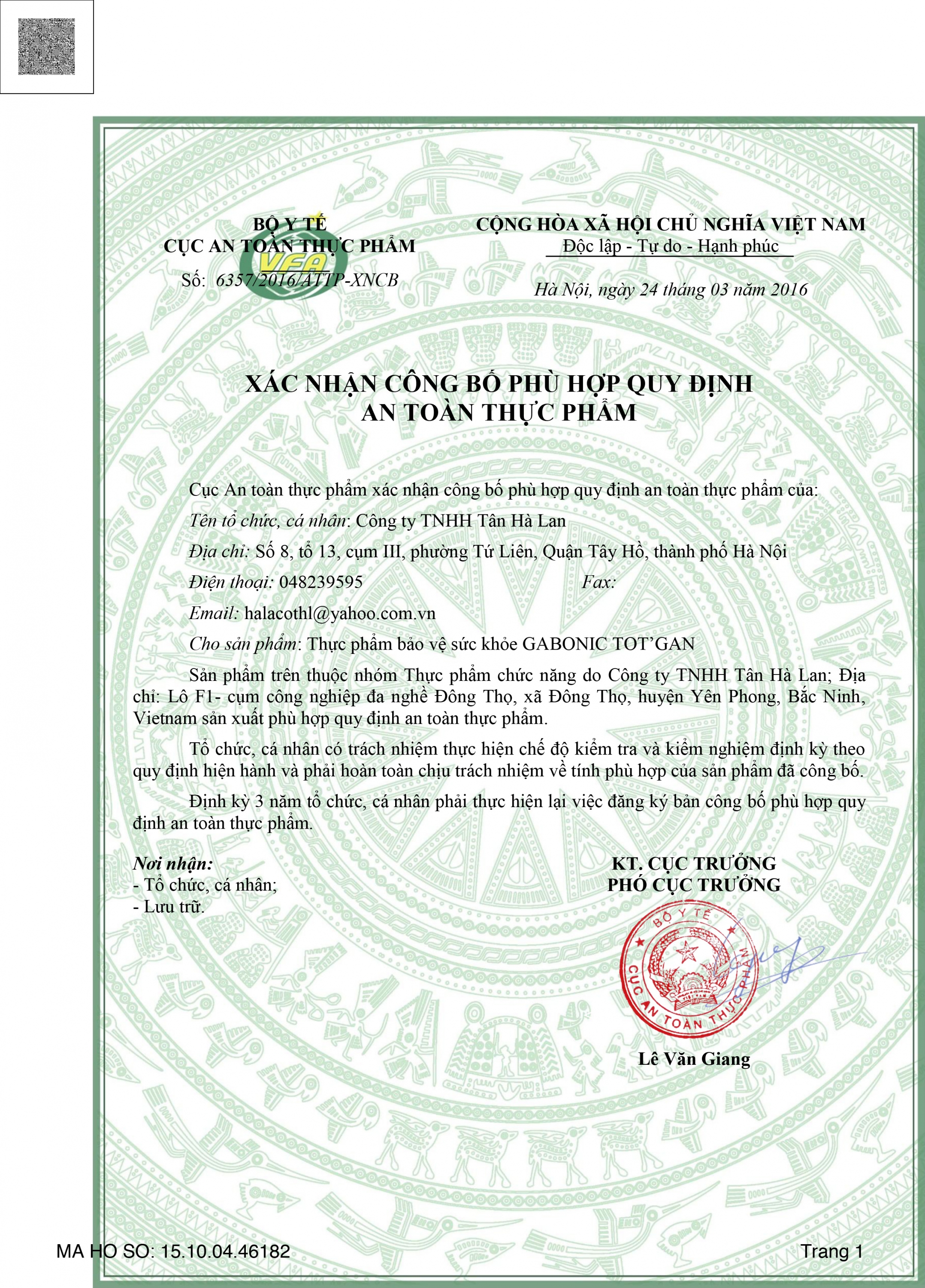 Giấy xác nhận công bố phù hợp an toàn thực phẩm Ginkgo Max